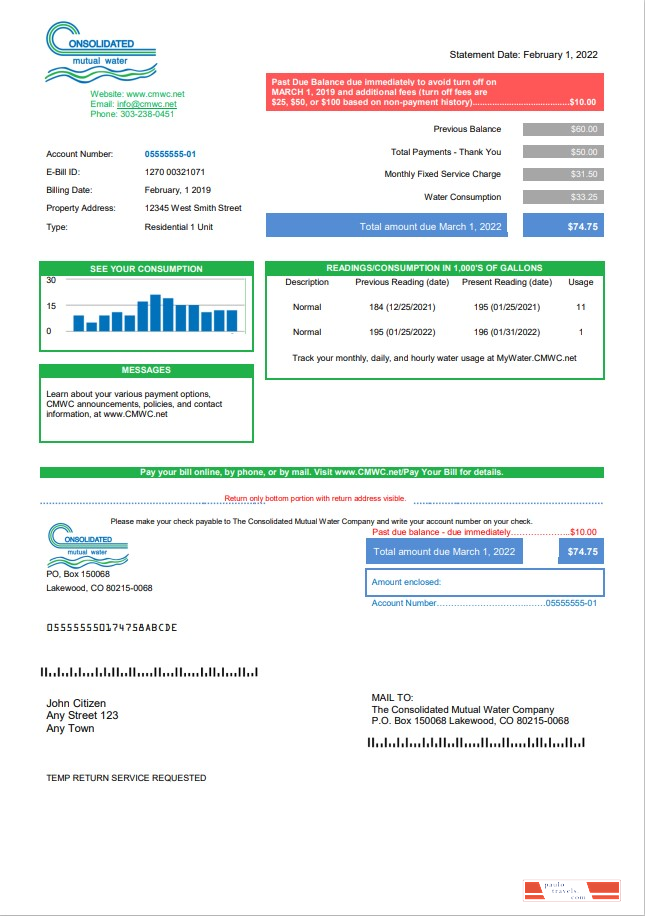USA Consolidated Mutual Water utility bill template in Word and PDF format
